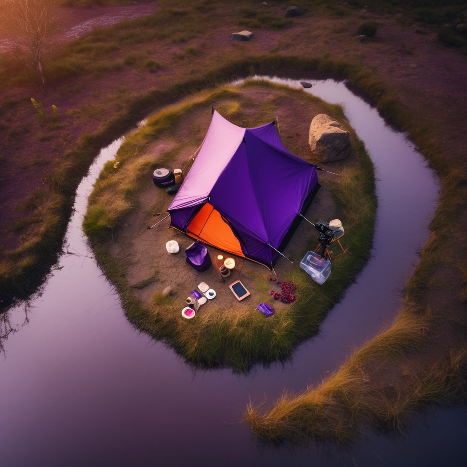 A purple tent rests beside a warm hot spring as soft rain falls at sunset. A camping chair, gear box, and berry bush sit nearby, with rolling hills and a shining lake in the distance.