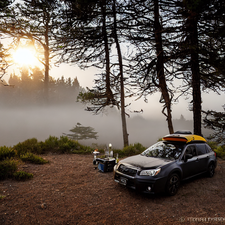 A black Subaru with its rooftop tent open rests at a quiet coastal campsite. Fog drifts over the rolling hills and boulders as the sun sets, while a small lantern glows beside the dirt patch.