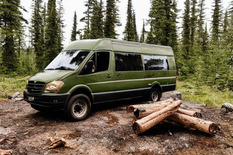 A green camo van rests on a quiet dirt campsite in the Alaskan wilderness. A warm campfire glows beside the van, while tall trees and fog surround the scene. Bright northern lights shimmer across the night sky.