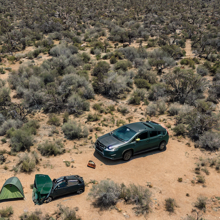 A green Subaru with a rooftop tent rests at a quiet campsite in Joshua Tree. Tall grass, smooth boulders, and rolling hills surround a small campfire under a cloudy sky.