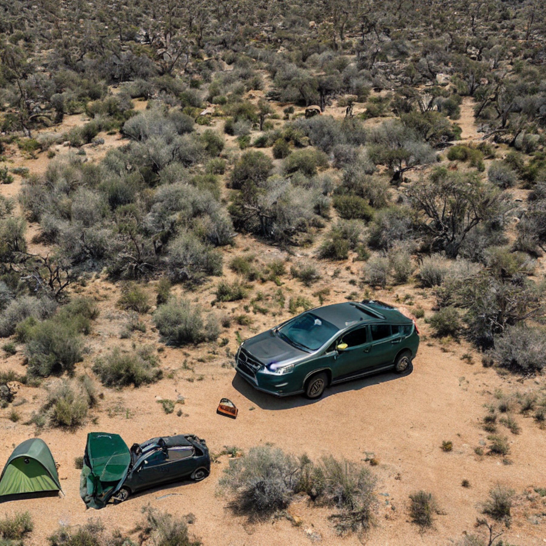 A green Subaru with a rooftop tent rests at a quiet campsite in Joshua Tree. Tall grass, smooth boulders, and rolling hills surround a small campfire under a cloudy sky.