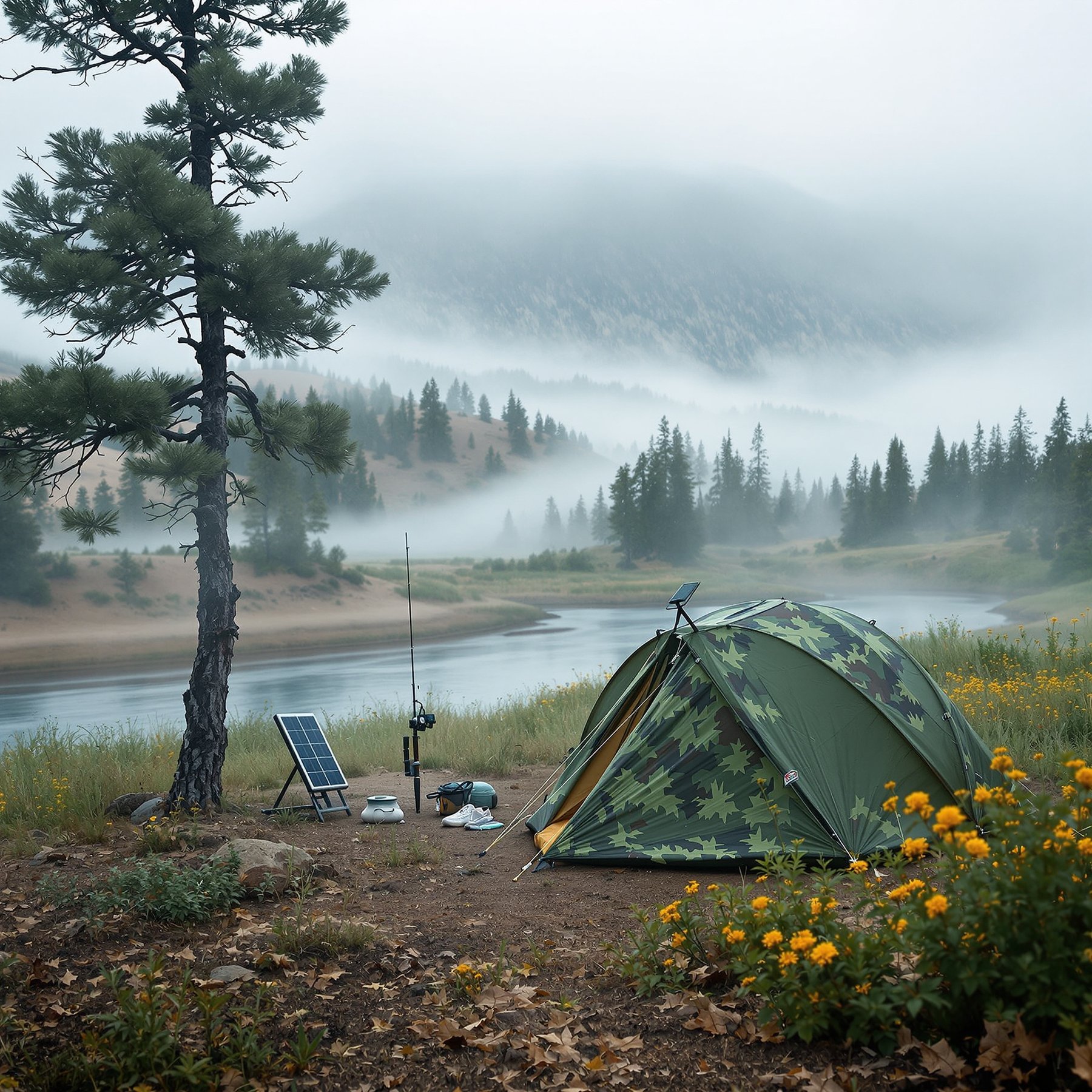 A cozy tent sits by a calm river, surrounded by wildflowers and tall pine trees. Misty mountains rise in the background, making the campsite feel quiet and magical. It’s the perfect spot to relax and enjoy nature.