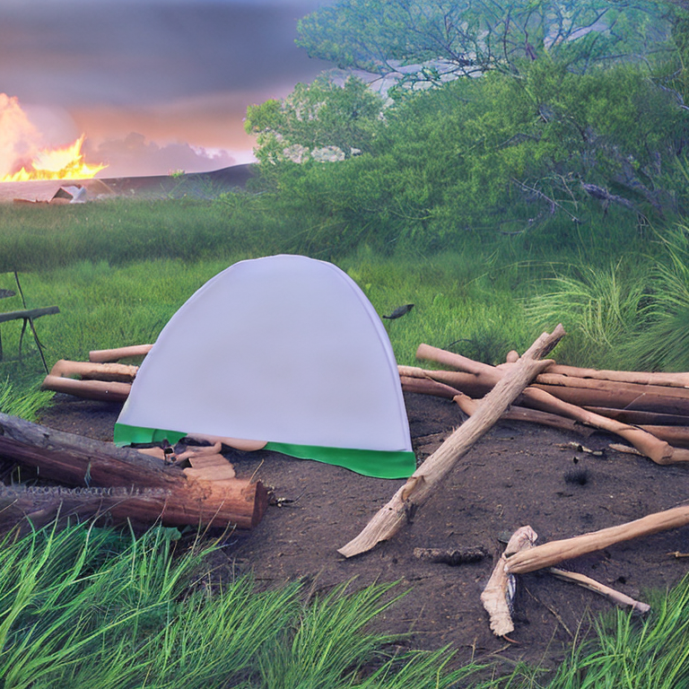 A green and tan tent rests on a paved campsite in Hawaii as a stormy sunset colors the sky. Tall grass and rough ground surround a picnic table and a warm campfire at the center.