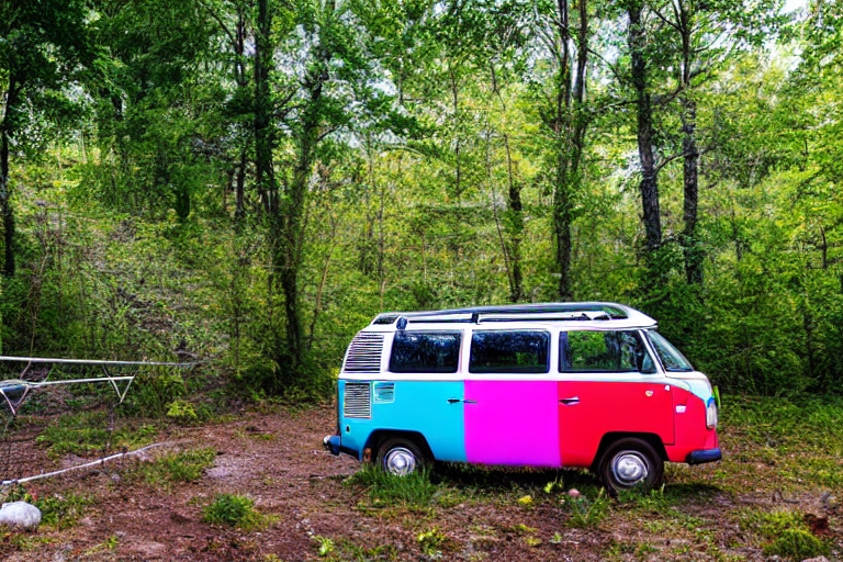 A colorful VW campervan rests beneath tall trees in Plitvice Lakes National Park. A warm campfire glows on the dirt as stormy clouds gather at sunset. Clothes sway on a nearby line, while fallen leaves cover the ground.