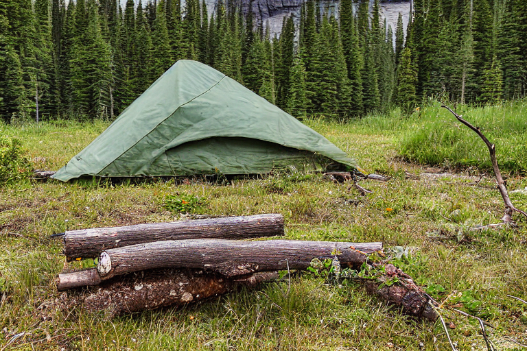 A green camo tent rests on a dirt clearing, surrounded by thick bushes and colorful fall trees. A campfire glows beside a large log, while the moon shines in the night sky over Glacier National Park.