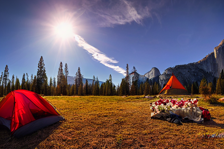 A bright red tent sits beside a warm campfire in a snowy Yosemite campsite. Fall-colored trees surround the dirt clearing, with flowers, camping gear, and clothes drying on a line nearby.