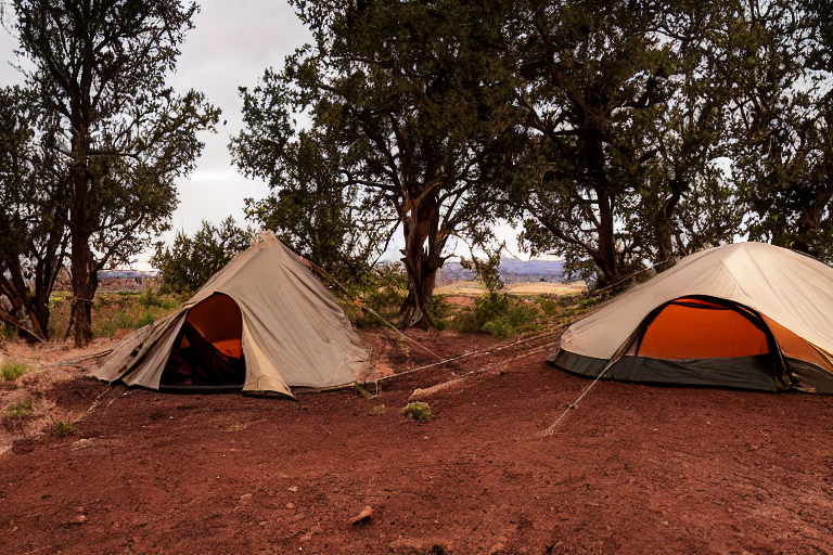 A black tent rests on a quiet dirt campsite in Capitol Reef National Park. A hammock hangs between the trees, while thick bushes surround the area. Nearby, logs sit around a warm campfire beneath a cloudy sunset sky.