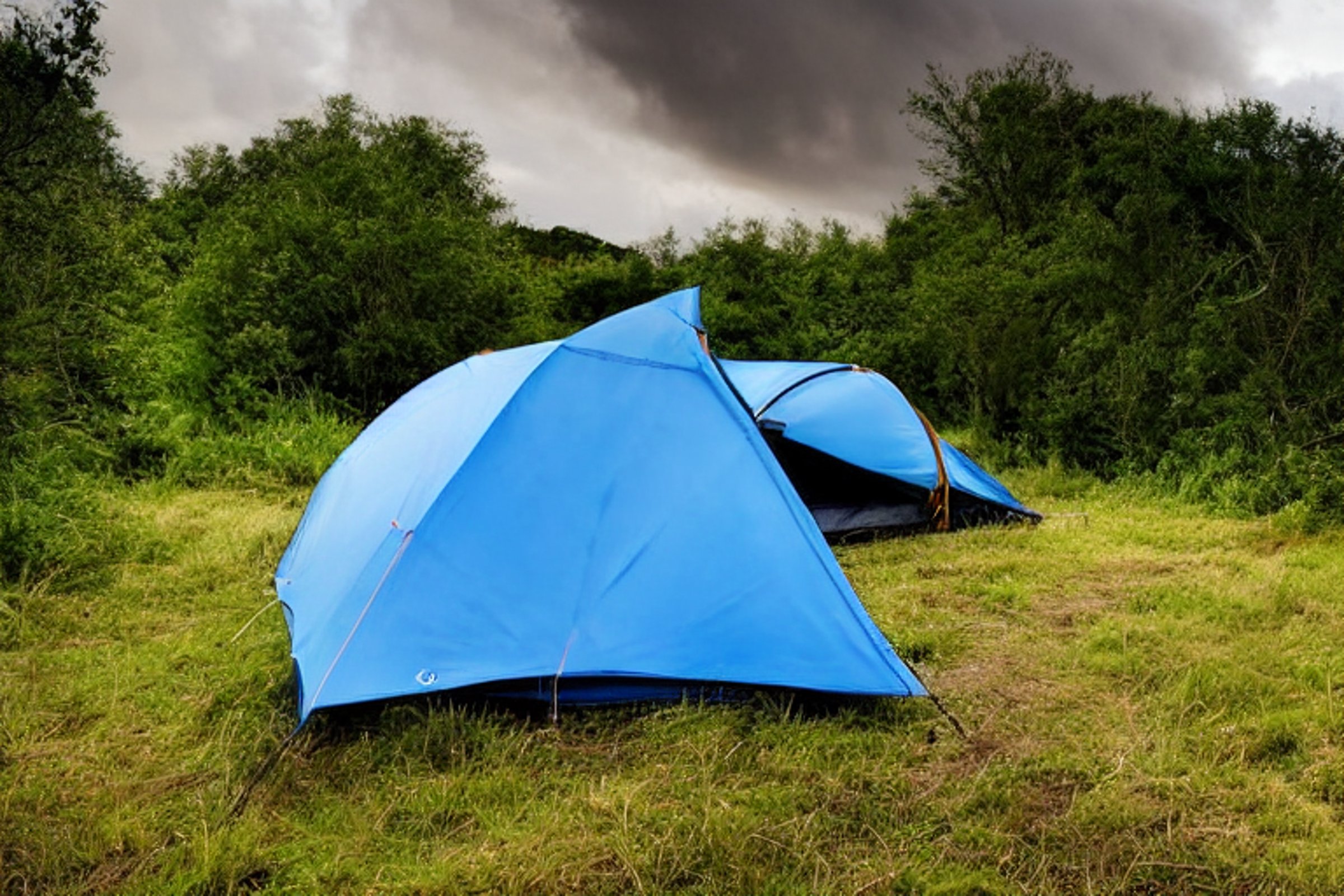A gray and blue tent rests on a paved campsite beside a quiet river. Overgrown grass, large bushes, and a dirt path surround the rough ground as stormy clouds glow in the sunset.