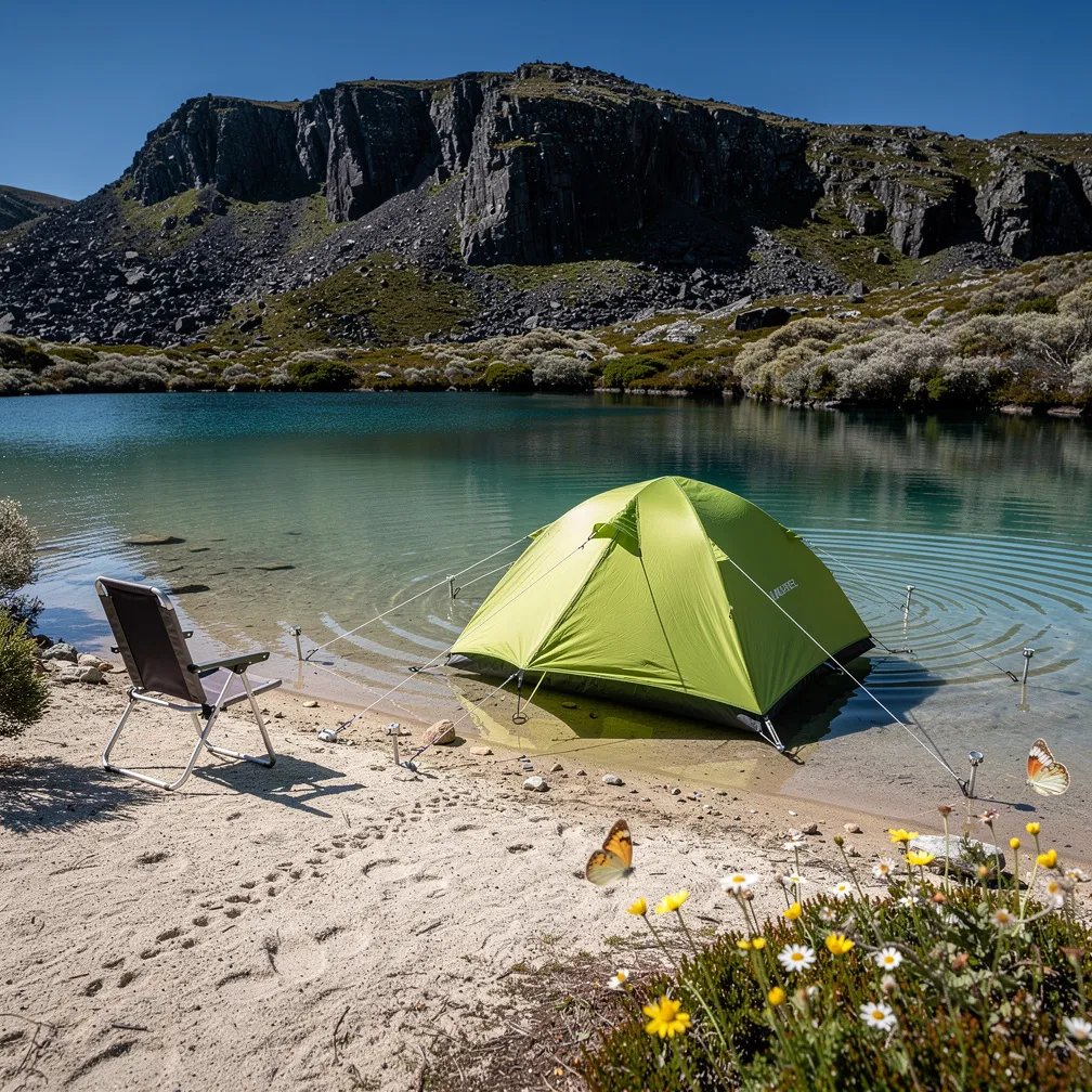 A lime green tent floats at the edge of a clear, quiet mountain lake, tied down with tight ropes. Bright sun makes sharp shadows on the sandy shore where small animal tracks crisscross. Rugged peaks rise behind the water, and tiny butterflies flutter near wildflowers by a simple camp chair.