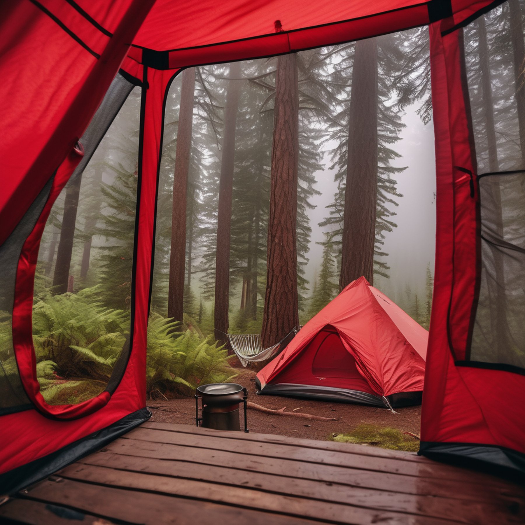 A bright red tent rests among tall trees and soft green ferns in the Colorado woods. A hammock hangs between the trees, while a small stove sits on a picnic table nearby. Misty air and cloudy skies create a calm, cozy mood.