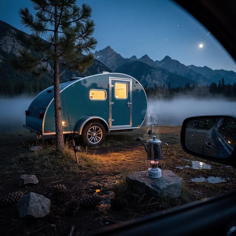 A teal little trailer rests in a misty mountain meadow before sunrise, with dark pine trees on the ridge ahead. A warm light glows in its window while a fishing rod leans on a small pine and pine cones dot the damp ground. On a flat rock, a coffee pot gently steams, and one bright star hangs low in the blue sky.