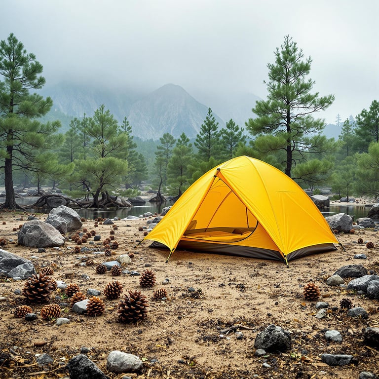 A bright yellow tent rests among mangrove trees on rocky ground. Soft morning fog drifts around scattered pine cones and boulders, while tall mountains rise in the distance.