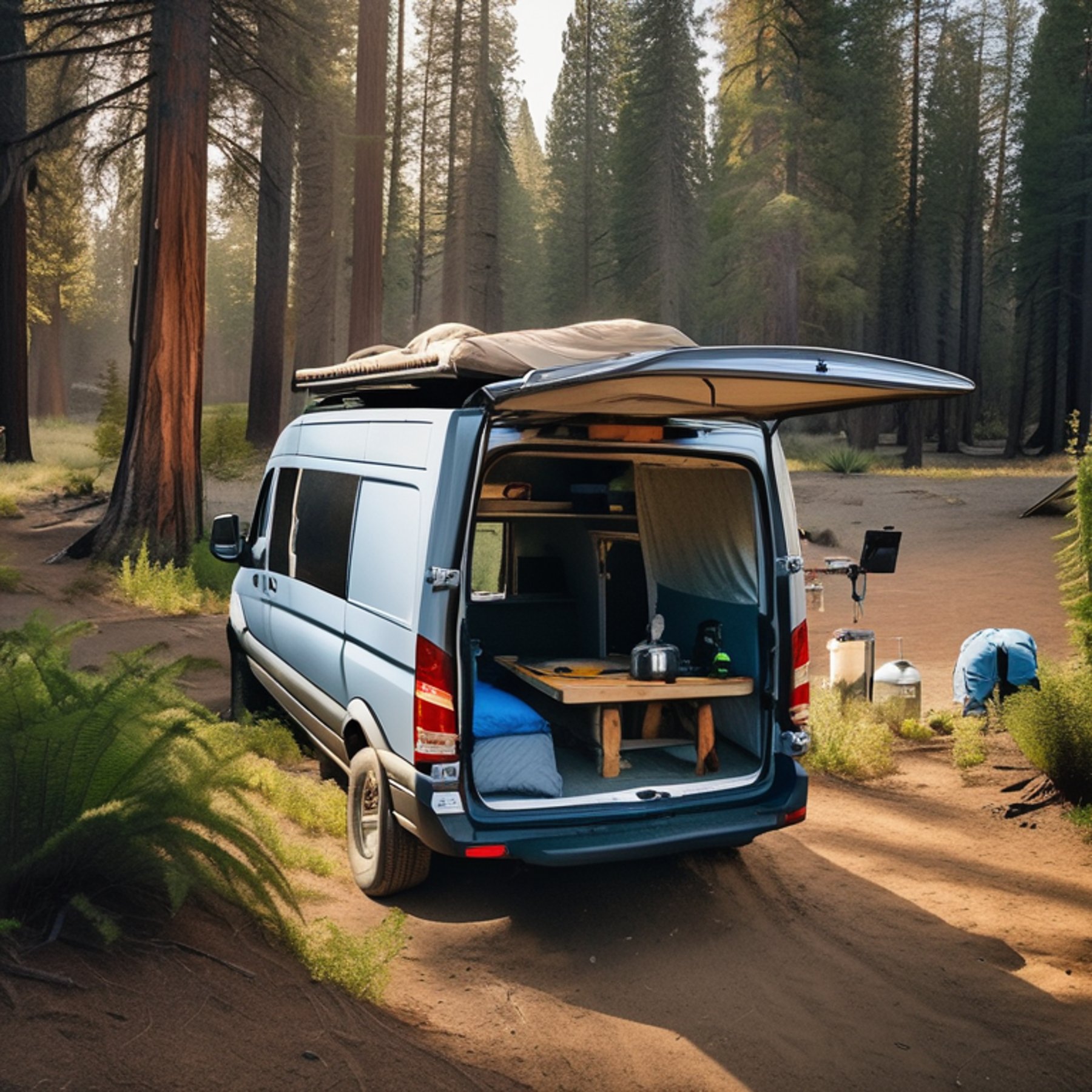 A grey and blue camper van rests on a sunny dirt clearing in Yosemite, surrounded by ferns and towering trees. A warm campfire, scattered backpack, and distant hikers create a peaceful outdoor adventure scene.