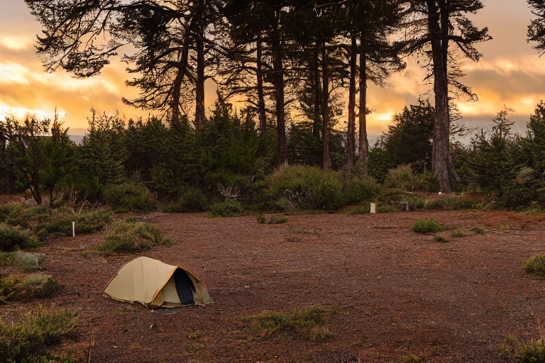 A brown tent rests on a paved campsite along the California coast. Golden light shines through stormy clouds, with small trees, a large rock, and a dirt patch nearby.
