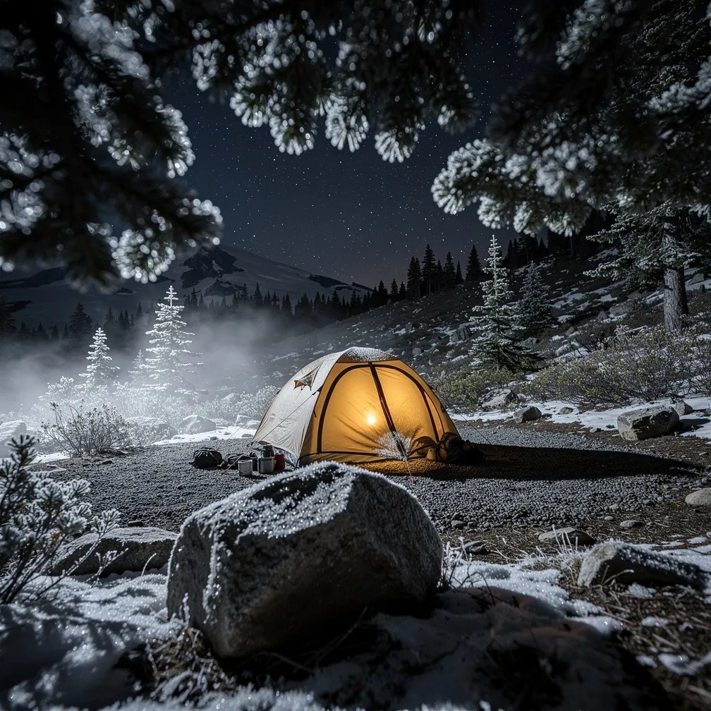 A small khaki tent sits on frosty gravel in a quiet clearing, glowing softly from a lantern inside. Tall evergreens frame the view, and a big icy boulder rests nearby like a sleeping giant. The air feels cold and still, with a faint mist on the ground and bright stars shining overhead.