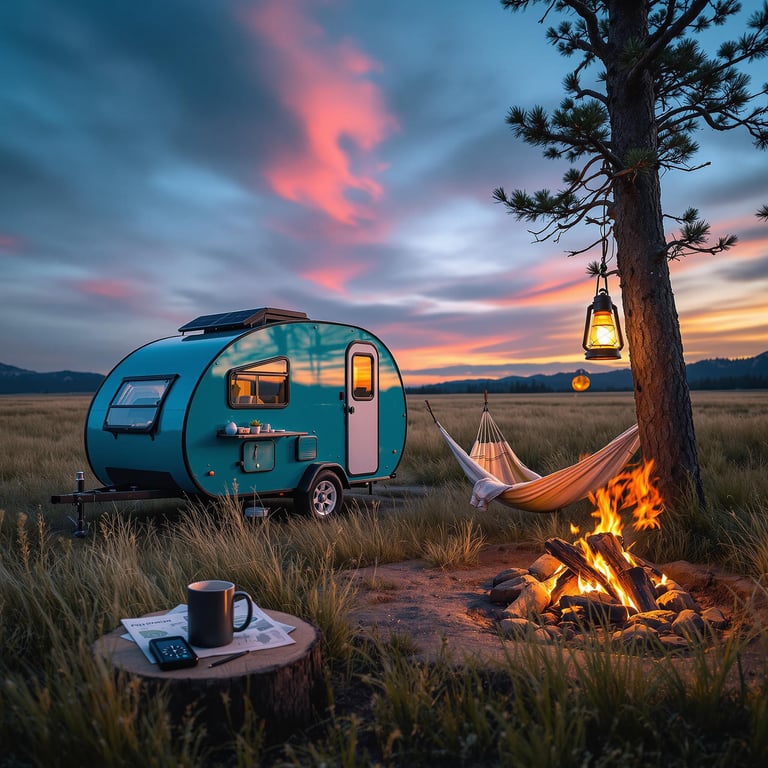 A teal teardrop trailer rests on a windswept plain as dusk colors the sky. Nearby, a campfire warms a mug on a log, while a lantern glows from a tree. Rainbow-colored hot springs shimmer in the tall grass.