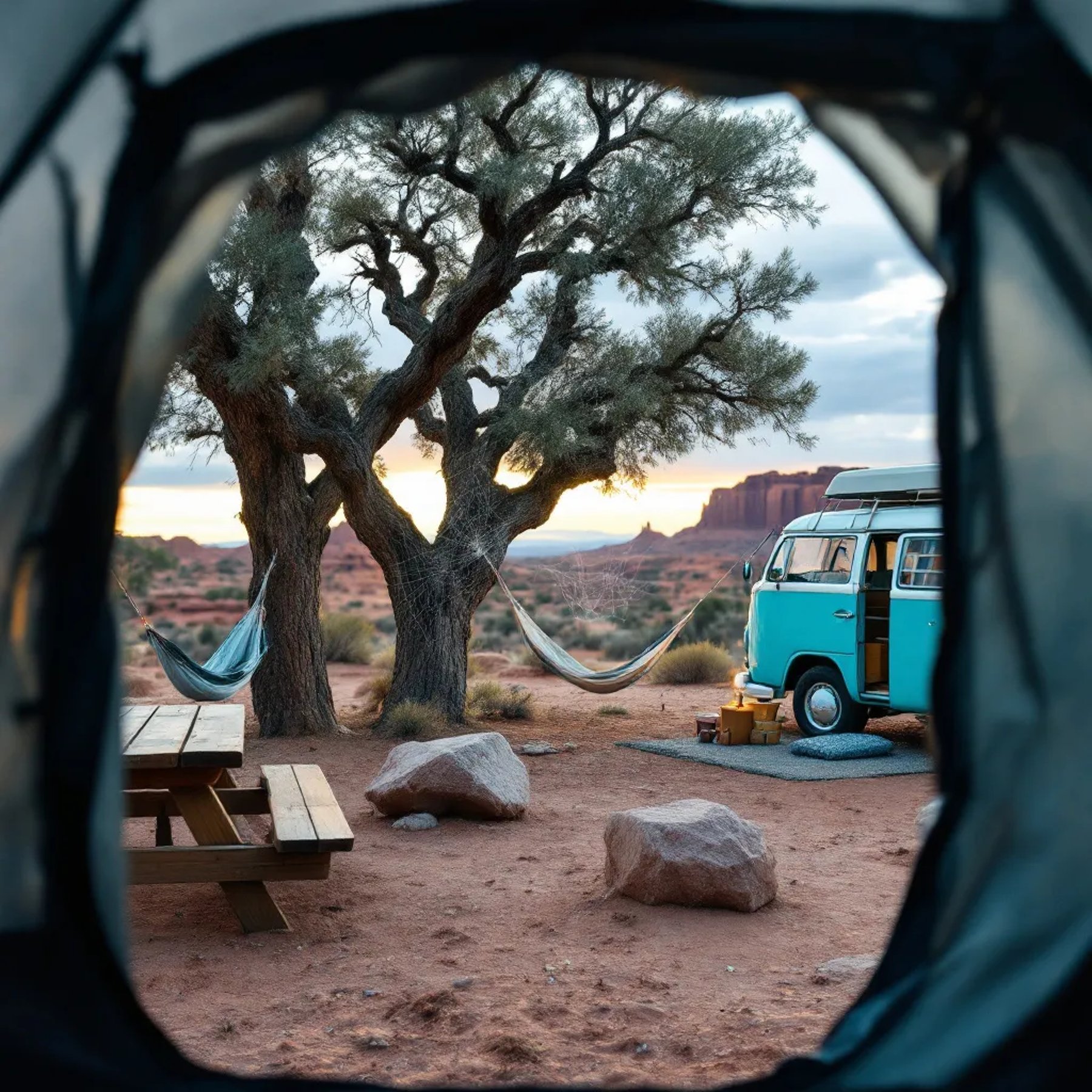 A turquoise campervan rests among the red stone cliffs of Monument Valley. A hammock hangs between two trees beside a picnic table and broad stone slabs. Seen through a tent window, the campsite feels peaceful as late-afternoon light shines through the hail.