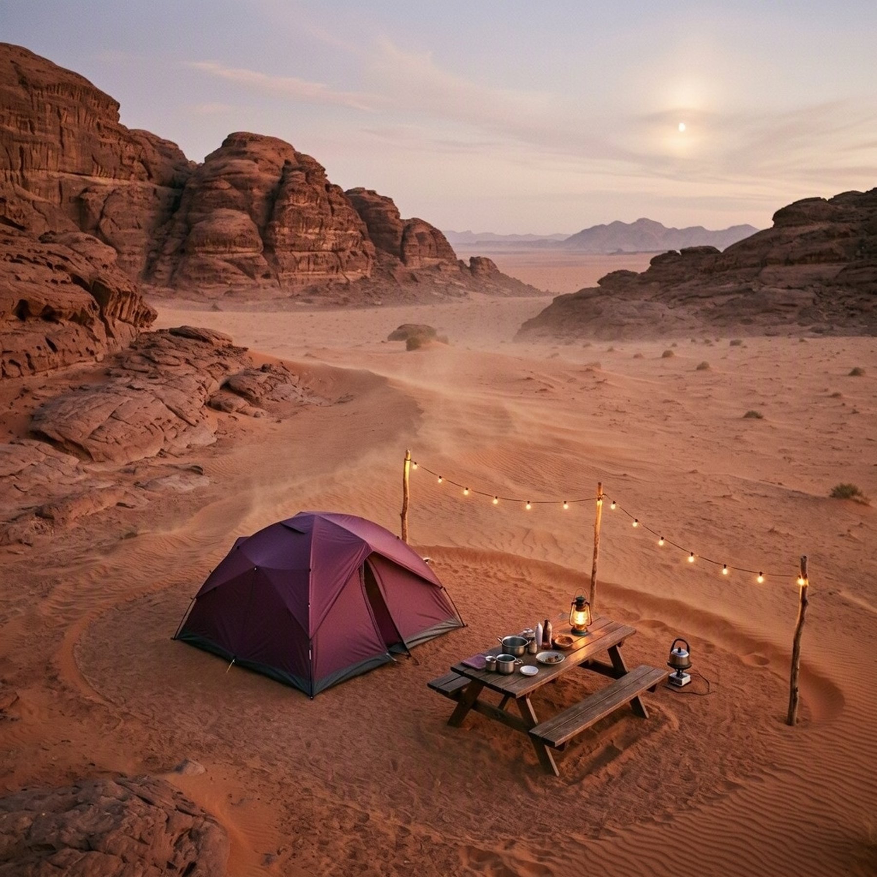 A quiet campsite rests among the red rocks and rippled golden sand of Wadi Rum. A plum-colored tent, wooden table, glowing lantern, and string lights create a warm welcome beneath the soft desert sky.