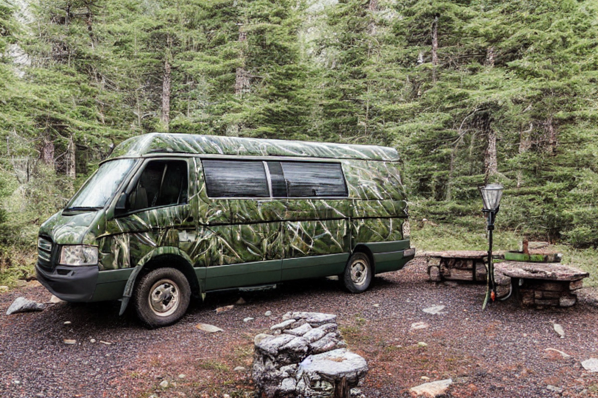 A green camo van rests beside a warm campfire in a snowy forest. Mossy trees, rolling hills, and a sky full of stars create a peaceful night scene. A small flashlight glows in the distance.