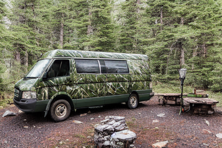 A green camo van rests beside a warm campfire in a snowy forest. Mossy trees, rolling hills, and a sky full of stars create a peaceful night scene. A small flashlight glows in the distance.
